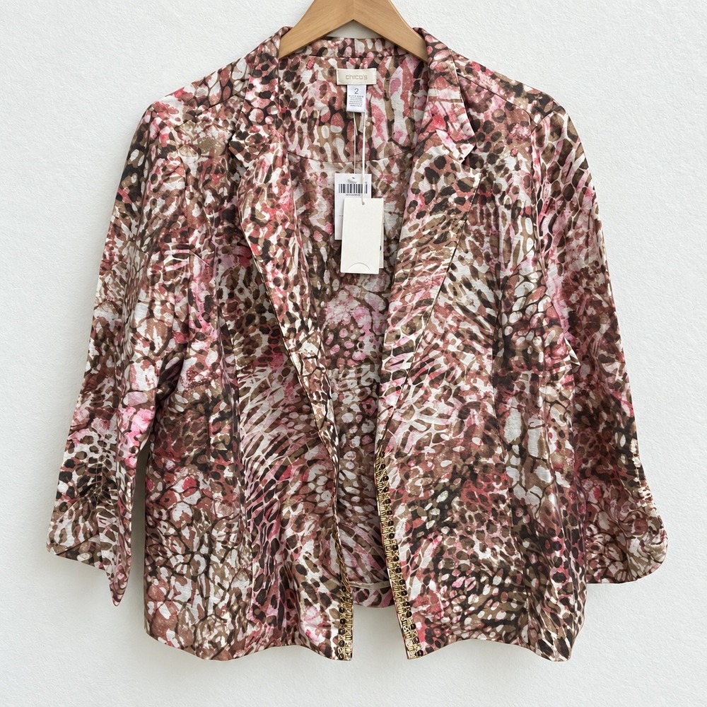 Chicos Open Front Blazer Jacket Size 2 Pink Brown Animal Print Beaded Trim NWT